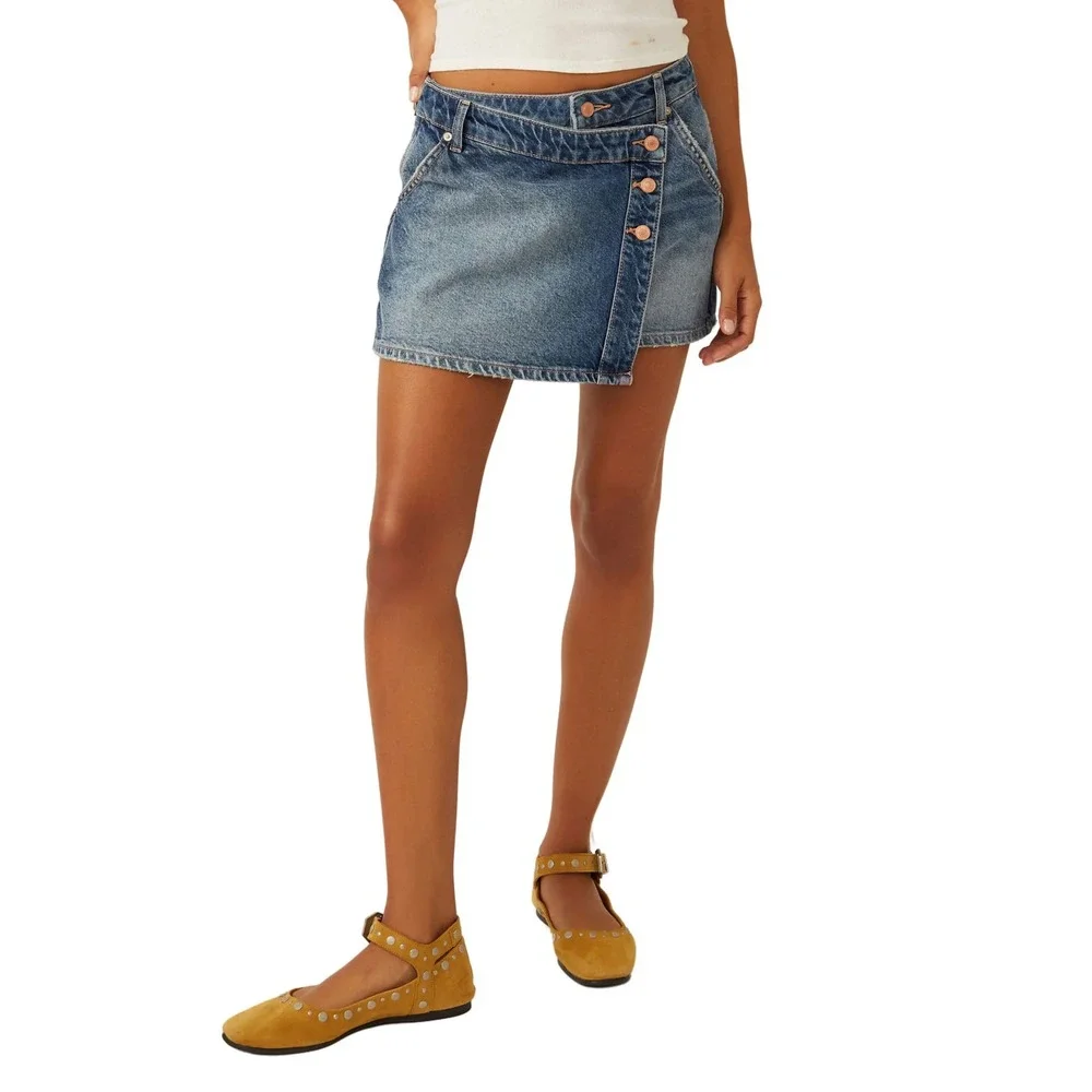 Free People Wynne Asymmetric Denim Wrap Mini Skirt Size 28